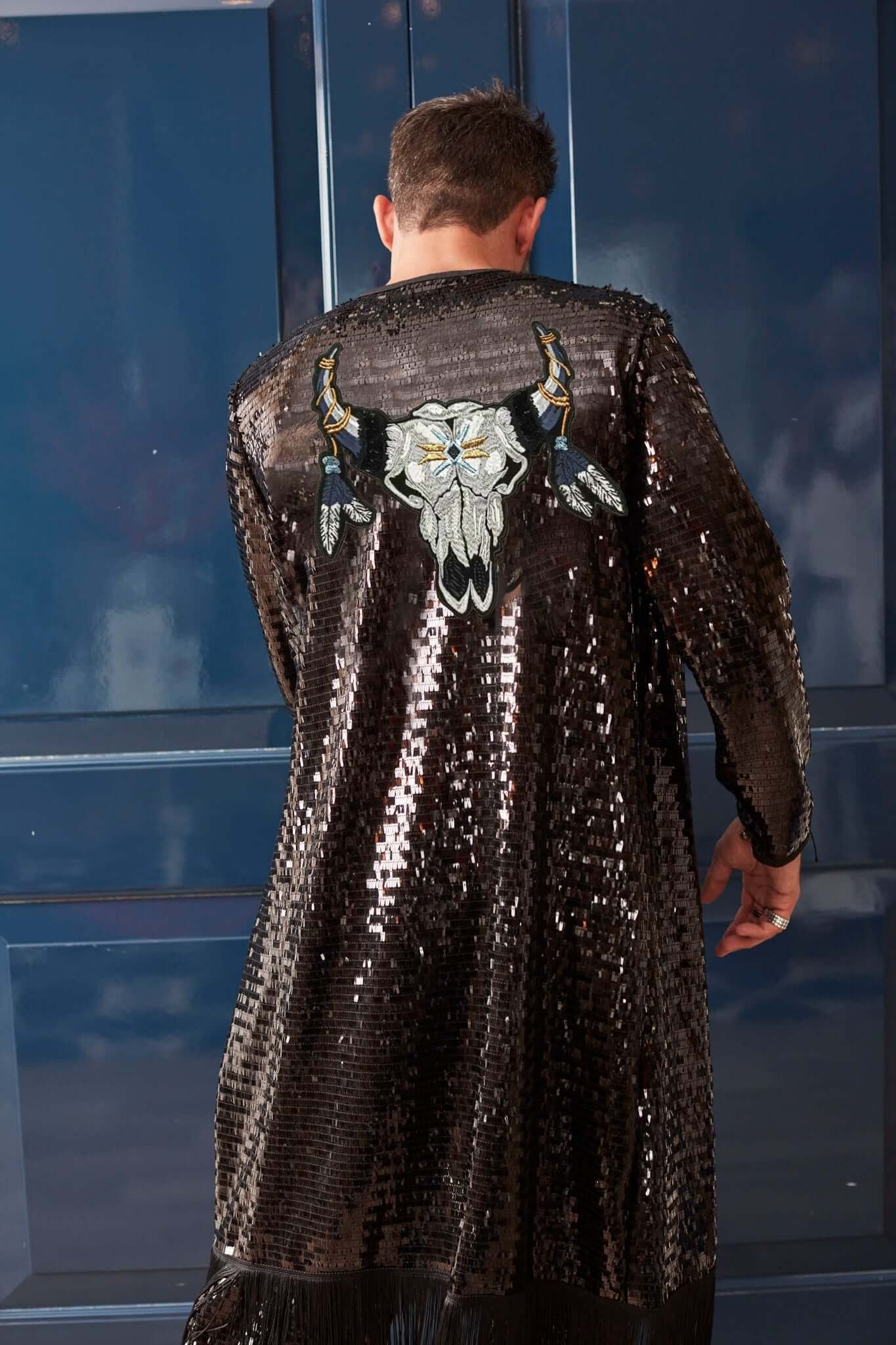 Sequin Kimono for men with Bull Skull Rave Outfit Harry Styles Jacket Festival Costume Boho Tulum