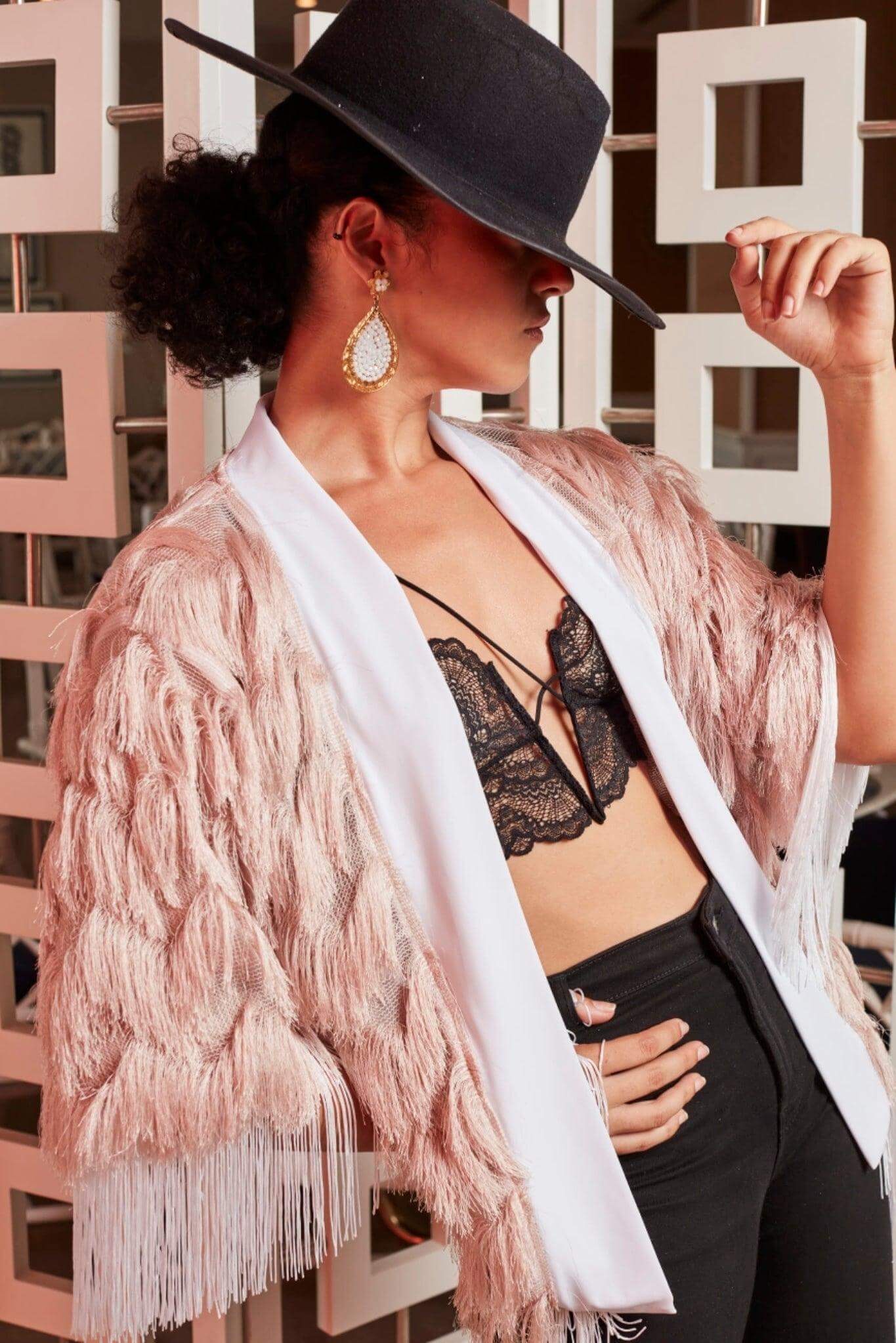 The Fringed Kimono - Blush with White Fringes