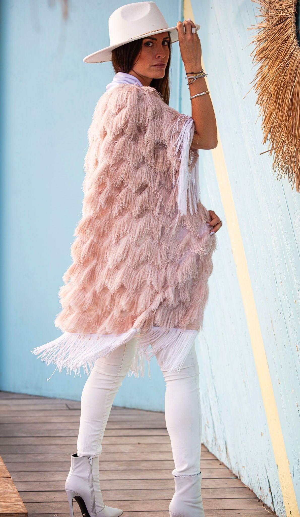 The Fringed Kimono - Blush with White Fringes