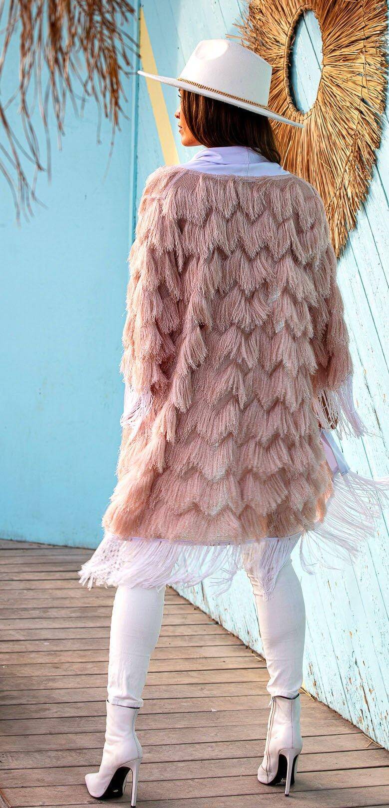 The Fringed Kimono - Blush with White Fringes