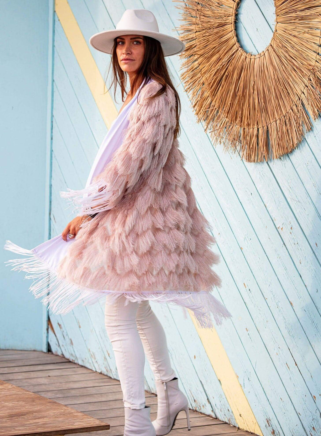 The Fringed Kimono - Blush with White Fringes