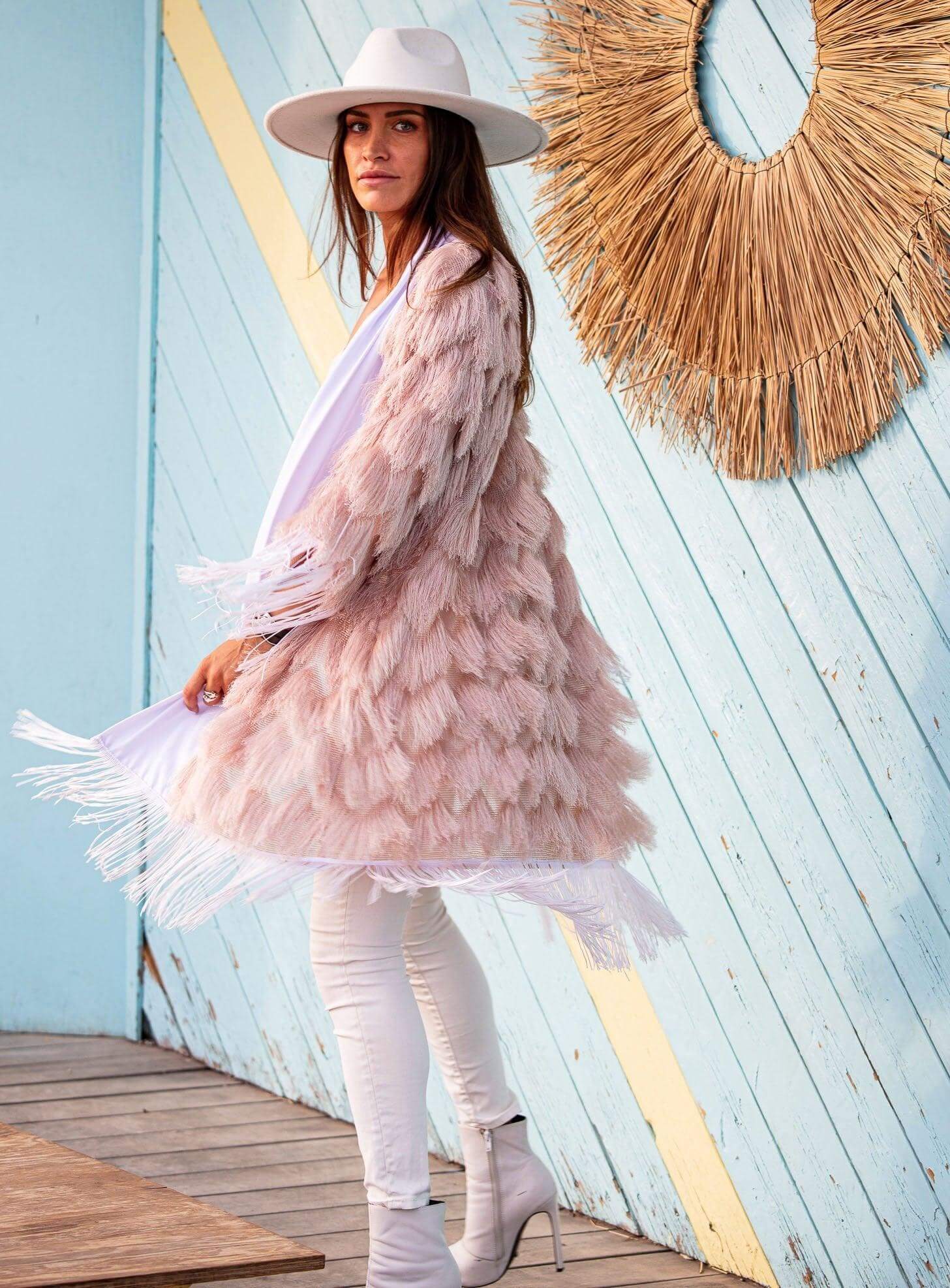 The Fringed Kimono - Blush with White Fringes