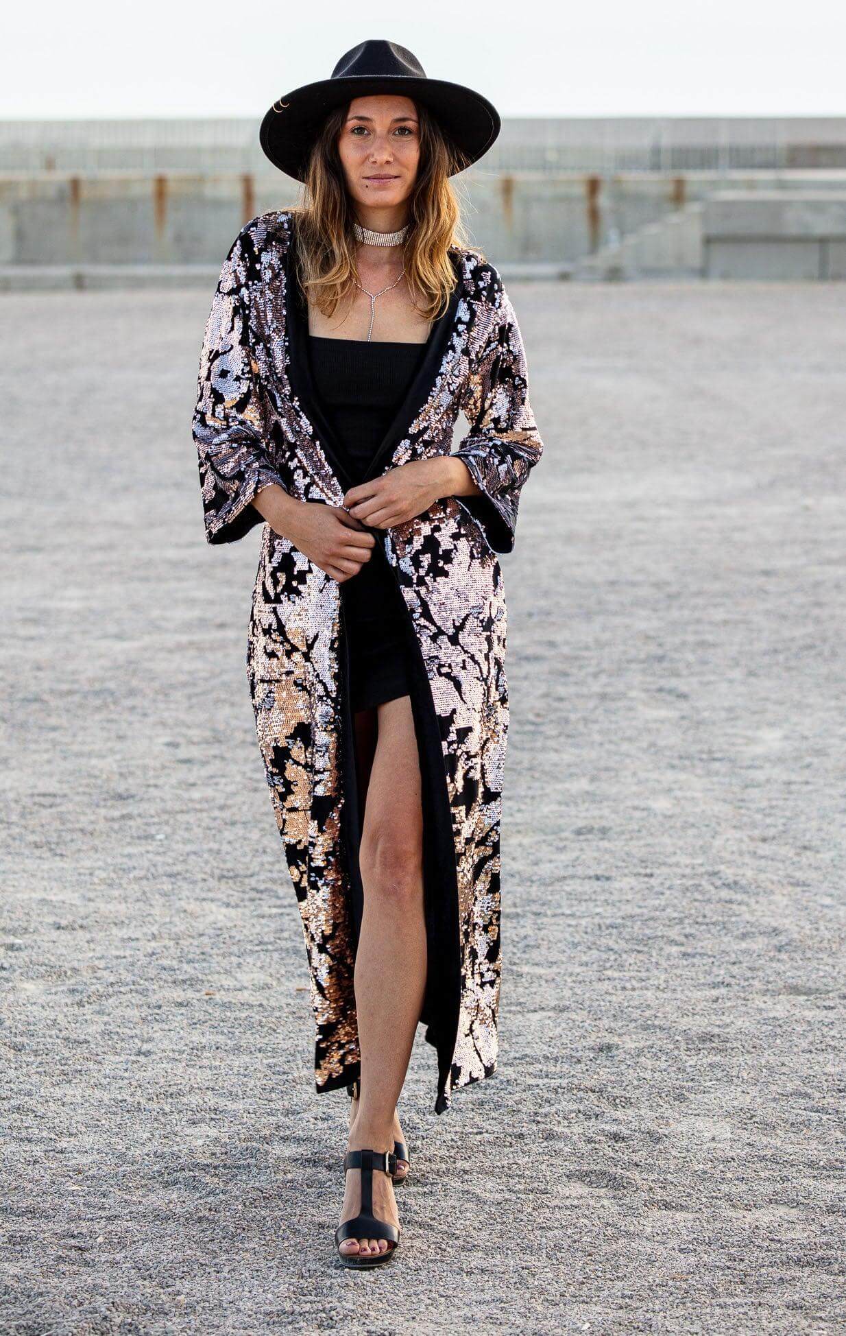 White and Gold Sequin Velvet Kimono